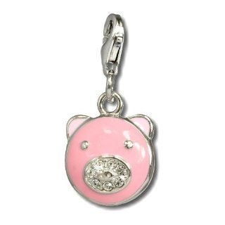 SilberDream Charm pink enameled pig with white zirconia, 925 Sterling Silver Charms Pendant with Lobster Clasp for Charms Bracelet, Necklace or Earring FC665 Jewelry