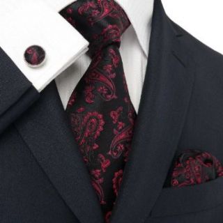 Landisun 660 Black Red Paisleys Mens Silk Tie Set Tie+Hanky+Cufflinks Exclusive at  Mens Clothing store
