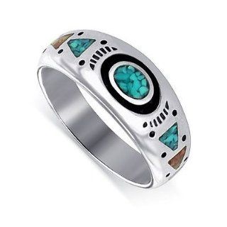 Sterling Silver Turquoise and Coral Gemstone 9mm wide Southwestern Style Band Ring Size 4 to15: Jewelry