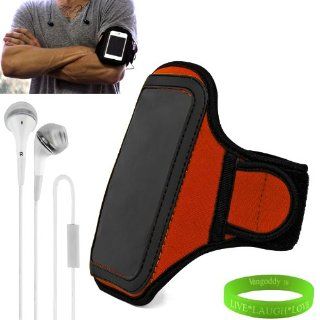 Windows Phone 8X by HTC (All Carriers, Unlocked) Smart Phone Neoprene Exercise Armband ( Orange ) with Sweat Resistant Lining , Velcro Strap Extender , Key Pocket and Excess Earphone Cord Holder + VanGoddy Wrist Band + White Earbud Earphones with Remote fo