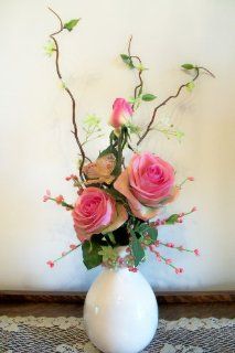 Pink Confetti Rose Bud Vase Arrangement   Artificial Mixed Flower Arrangements
