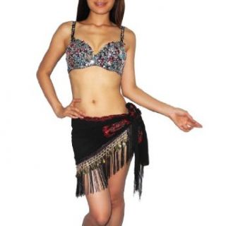 2 PIECE SET: Ladies Exotic Belly Dance Sexy Sequins Beaded Top & Golden Coins Scarf   Black (Size: 38B) at  Womens Clothing store