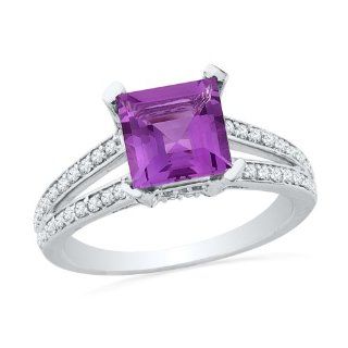 10KT White Gold Princess Amethyst and Round Diamond Engagement Ring: D GOLD: Jewelry