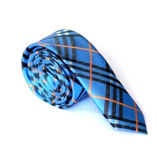 Skinny Tie Madness Mens Blue Plaid 100 Percent Polyester Skinny Tie