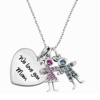 Sterling Silver Heart Pendant with Two Birthstone Children by