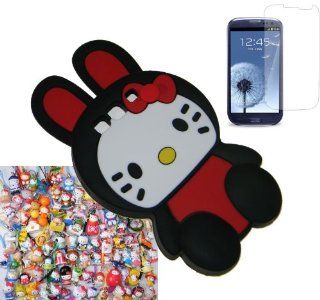 Samsung Galaxy S3 I9300 Black Hello Kitty Bunny Silicone Case + Hello Kitty Dust Protector Plug In Charm (Chosen At Random) + Screen Protector Combo Deals: Cell Phones & Accessories