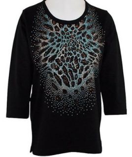 Christine Alexander   Turquoise Leopard 3/4 Sleeve, Scoop Neck, Cotton Spandex Blend Top, Black Colored Accented with Swarovski Crystals at  Womens Clothing store: Fashion T Shirts