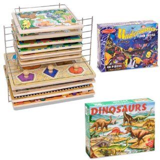 Melissa & Doug Floor Dinosaur and Underwater Floor Puzzle Sets with Deluxe Wire Puzzle Rack: Toys & Games