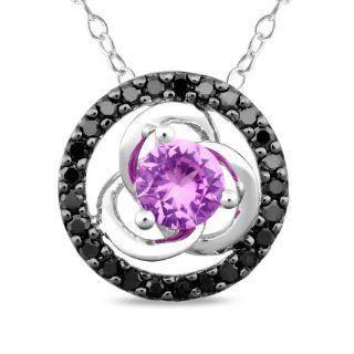 10k White Gold, Black Diamond and Created Pink Sapphire Pendant Necklace with Chain, (.25 cttw), 17" Jewelry