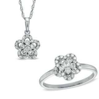 Lab Created White Sapphire Pendant and Ring Flower Set in Sterling