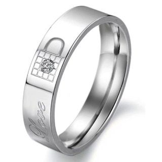 Titanium Stainless Steel Lock and Key Engagement Anniversary Wedding Promise Ring Couple Wedding Band with Engraved "Love" Rhinestone Inlay (Available Sizes: Him 6,6.5,7,7.5,8,8.5,9,9.5,10,10.5,11,11.5,12,13; Hers 5,5.5,6,6.5,7,7.5,8,8.5,9,9.5,10