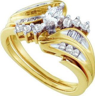 14k Yellow Gold Marquise Natural Diamond Bridal Wedding Engagement Ring & Anniversary Band Set Womens   .50 (1/2) Ct.t.w.: Jewelry