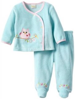 Happi by Dena Baby Girls Newborn Woodland Owl 2 Piece Velour Footed Pant Set, Turquoise, 0 3 Months: Clothing