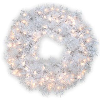 National Tree 30 Inch Wispy Willow Grande White Wreath with Silver Glitter and 100 Velvet Frost White Lights   Artificial Christmas Wreaths