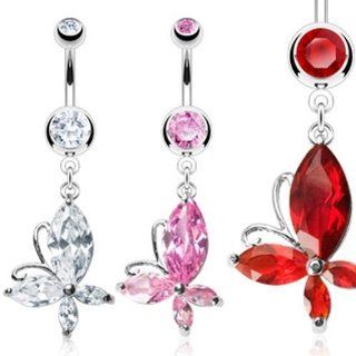 316L Surgical Steel Gem Navel Ring with Marquise Cut CZ Butterfly Dangle   14 GA 3/8" Long,Pink;Sold Separately: Jewelry