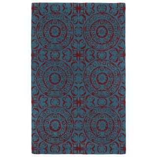 Hand tufted Runway Peacock Blue/ Red Suzani Wool Rug (2 X 3)