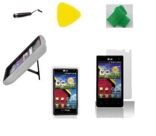 White / Black hybrid Armor w Kickstand Phone Case Cover Cell Phone Accessory + Yellow Pry Tool + Screen Protector + Stylus Pen + EXTREME Band for Lg Optimus Exceed Lg VS840pp VS840PP: Cell Phones & Accessories