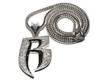 New Iced Out Silver/Black Rhinestone Ruff Ryder Pendant w/4mm 36" Franco Chain Necklace MP860R_BK: Jewelry