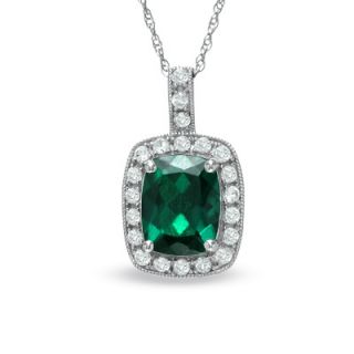 Cushion Cut Lab Created Emerald and White Sapphire Pendant in 14K