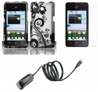 Huawei Ascend Plus H881C (Straight Talk, Net 10, Tracfone)   Accessory Combo Kit   Black Orchid Vines on Silver Design Shield Case + Atom LED Keychain Light + Screen Protector + Micro USB Wall Charger: Cell Phones & Accessories