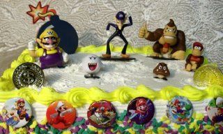 Unique Super Mario Brothers 15 Piece Cake Topper Set Featuring 6 Mario Figures Including Donkey Kong, Boo Ghost, Wario, Goomba, Diddy Kong and Waluigi, 1 Large Bomb Cake Decoration, 6 Super Mario Buttons, and 2 Mario Gold Coins: Toys & Games