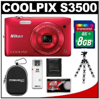 Nikon Coolpix S3500 Digital Camera (Red) with 8GB Card + Case + Flex Tripod + Accessory Kit  Point And Shoot Digital Camera Bundles  Camera & Photo