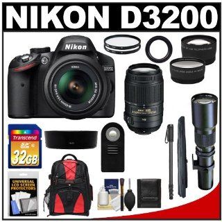 Nikon D3200 Digital SLR Camera & 18 55mm G VR DX AF S Zoom Lens (Black) with 55 300mm VR & 500mm Telephoto Lens + 32GB Card + Monopod + Backpack + Telephoto & Wide Angle Lenses + Accessory Kit : Digital Slr Camera Bundles : Camera & Photo