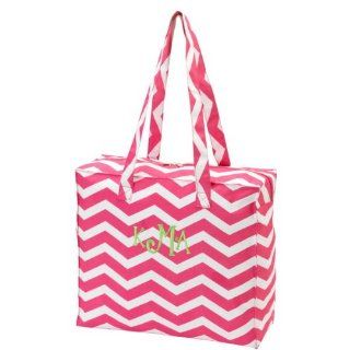 Personalized Canvas Tote Bag / Chevron Pink Pattern / Polyester Canvas / Multi Purpose / Zipper Closure / Long Handle / Reinforced Bottom / 16 in. x 6 in. x 13 in. : Cosmetic Tote Bags : Beauty