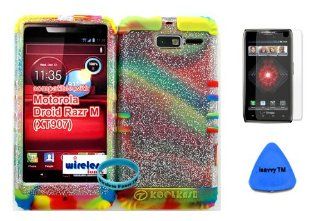 Hybrid Cover Bumper Case for Motorola Droid Razr M (XT907, 4G LTE, Verizon) Clear Glitter Snap on + Rainbow Silicone (Included Wristband, Screen Protector and Pry Tool By Wirelessfones): Cell Phones & Accessories