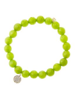 8mm Faceted Lime Jade Beaded Bracelet with Mini Yellow Gold Pave Diamond Disc