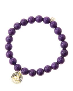 8mm Purple Mountain Jade Beaded Bracelet with 14k Gold/Diamond Sitting Buddha