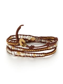 Brown Leather & Swarovski Pearl Wrap Bracelet by Chan Luu