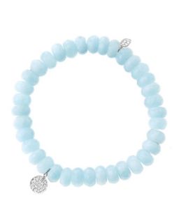 8mm Faceted Aquamarine Beaded Bracelet with Mini White Gold Pave Diamond Disc