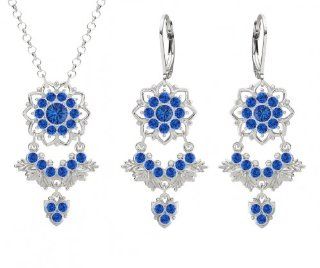 Lucia Costin Pendant and Earrings Set with Multi Petal Flowers and Leaf Elements, Designed with Blue Swarovski Crystals and Fancy Charm Accents; .925 Sterling Silver; Handmade in USA: Earring And Necklace Sets: Jewelry