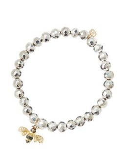 6mm Faceted Silver Pyrite Beaded Bracelet with 14k Gold/Diamond Bee Charm (Made