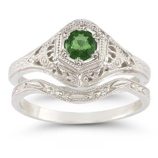 Antique Style Emerald Wedding Ring Set: Jewelry