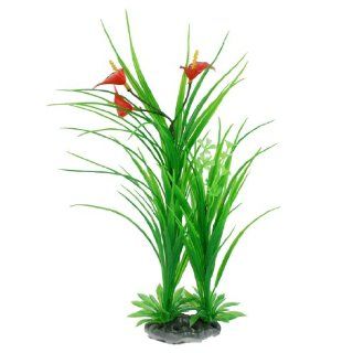 Aquarium Artificial Plastic Green Long Leaf Red Flower Plant Decor 11" : Pet Supplies