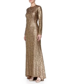 Womens Long Sleeve Beaded Jacquard Gown, Burnished Gold/Nude   Carmen Marc