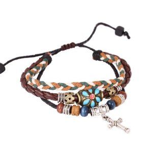Beaded Double Strands Leather Zen Bracelet Adjustable Wirstband with Dangle Cross and Flower Bead L94: Vintage Womens Beaded Bracelet: Jewelry