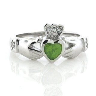 .925 Sterling Silver Irish Claddagh Friendship and Love Green Peridot CZ Heart Band Ring Size 5, 6, 7, 8, 9 Nickel Free (6): Jewelry