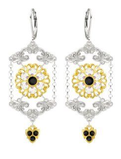 Fabulous Earrings Designed by Lucia Costin with Black, White Swarovski Crystals, Suspended Chains and Fancy Charms; .925 Sterling Silver with 24K Yellow Gold over .925 Sterling Silver; Handmade in USA Lucia Costin Jewelry