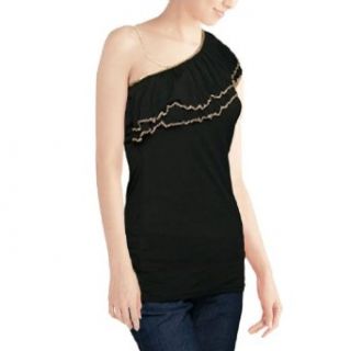 Women Metal Chain Decor Single Shoulder Black Shirt XS at  Womens Clothing store: Blouses