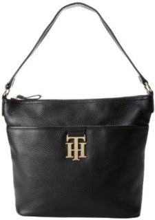Tommy Hilfiger Monogrammed Pebble Bucket Hobo Handbag,Black 990,One Size: Clothing