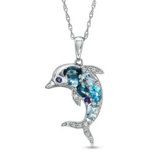 Blue Topaz, Iolite and Lab Created White Sapphire Dolphin Pendant in
