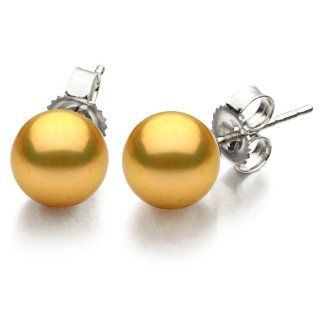 14K White Gold 8 9mm Gold Freshwater Cultured Pearl Stud Earrings AAA Quality: Jewelry
