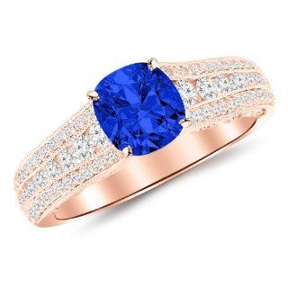 1.7 Carat 14K Gold Gorgeous Channel And Pave Set Graduating Round Designer Diamond Engagement Ring 14K Gold with a 1 Carat Cushion Cut AAA Quality Blue Sapphire (Heirloom Quality): Houston Diamond District: Jewelry