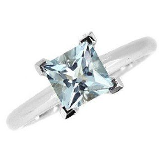 Princess Cut Blue AAA Aquamarine Solitaire Enagement Ring 14k White Gold: Engagement Rings: Jewelry