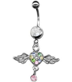 Multi Color Pave Heart Angel Wings Belly Ring Wings with Heart Dangle Belly Ring 14g Stainless Steel Navel Ring (C. 3/8 inch (10mm)): Jewelry