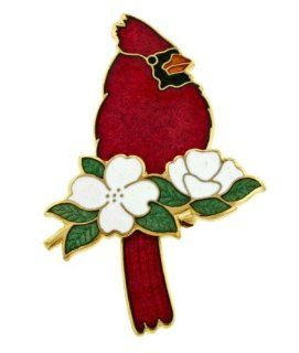 Gold plated and vitreous hand enameled Cardinal and dogwood pin or brooch: Jewelry