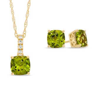 Cushion Cut Lab Created Peridot and White Sapphire Pendant and
